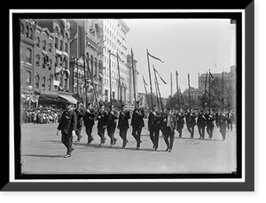 Historic Framed Print, GRAND ARMY OF THE REPUBLIC. PARADE AT 1915 ENCAMPMENT. PENNSYLVANIA VETERANS, WITH FURLED CIVIL WAR BATTLEFLAGS. C.E. GRAMLICH, COMMANDER, PENNSYLVANIA VETERANS, LEADING,  17-7/8" x 21-7/8"