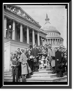 Group with stack of books on steps of U.S. Capitol, Vintage Print