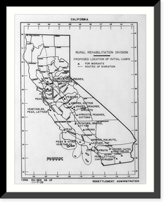Map of California by the Rural Rehabilitation Division showing areas where different crops are grown, proposed location of initial camps for migrants, and routes of migration Heritage Wall Art Pr