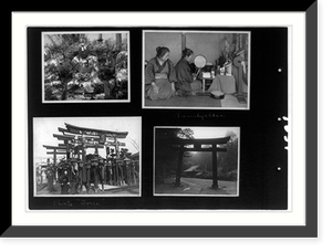 Statues of Buddha with offerings, two women at family altar; Shinto torii, torii and shrine, Japan, Vintage Wall Art