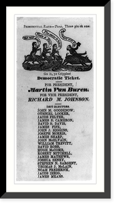 Political cartoon showing Webster, Harrison, White, and Van Buren riding hogs; below is Democratic ticket of Van Buren and Johnson and Ohio Electors - 1836, Vintage Poster