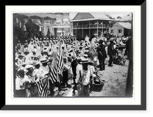 Crowd in Panama at opening ceremony(?) of the Panama Canal, some children holding U.S. flags, Antique Print