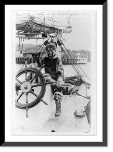 Arctic explorer Donald MacMillan in fur suit at wheel of ship Bowdoin, Historic Print