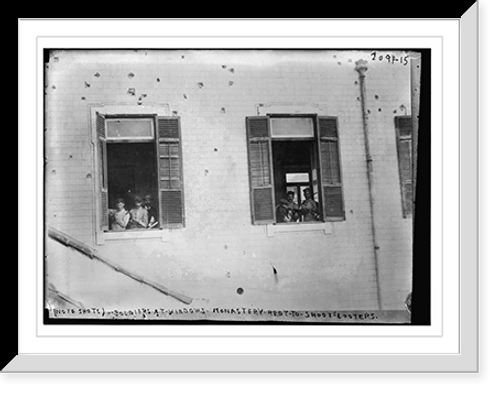 Historic Framed Print, (Note shots) soldiers at windows of monastery ready to shoot looters,  17-7/8" x 21-7/8"