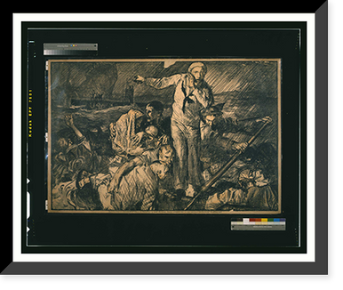 Sailors and others in a lifeboat as one sailor gestures to a submarine in the background. F. Brangwyn A.R.A, Vintage Print