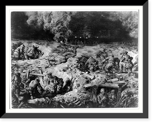 Historic Framed Print, Von der Sommeschlacht: Unsere Helden im nachtlichen Trommelfeuer im Sommegebiet.M. P&ouml;rschmann.,  17-7/8" x 21-7/8"