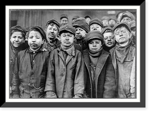 Historic Framed Print, Breaker boys in #9 Breaker, Hughestown Borough, Pa. Coal Co. Smallest boy is Angelo Ross, (See labels #1953 + #1951.) Location: Pittston, Pennsylvania.,  17-7/8" x 21-7/8"