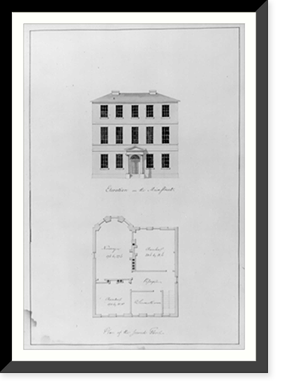 Houses and a church (Buildings Erected or Proposed to be Built in Virginia"). Main Street elevation, 2nd floor plan", Antique Poster
