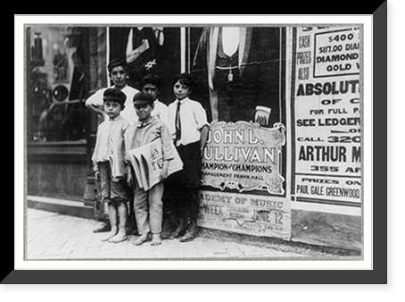 Some of the Norfolk newsies and their environment. Many very small boys sell newspapers in the Virginia cities. Location: Norfolk, Virginia, Antique Wall Art