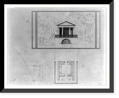 Houses and a church (Buildings Erected or Proposed to be Built in Virginia"). Spring house - elevation and plan", Vintage Print