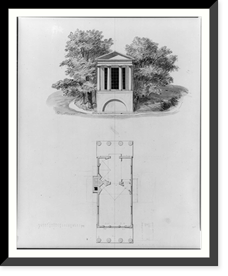 Houses and a church (Buildings Erected or Proposed to be Built in Virginia"). Lodge elevations and floor plan", Antique Poster