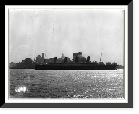 The S.S. OLYMPIC, 1911: Full lgth. port view with New York skyline in backgrd, Historic Print
