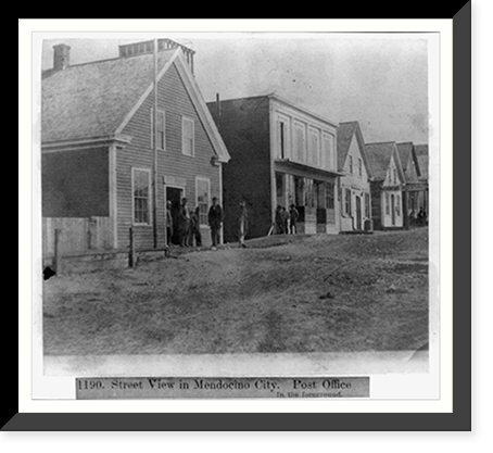 Street View in Mendocino City - Post Office in the foreground with men standing outside, Vintage Poster