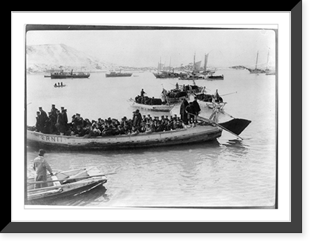 String of pontoons in tow of stream launch, approaching landing stage, Chemulpo, Historic Print