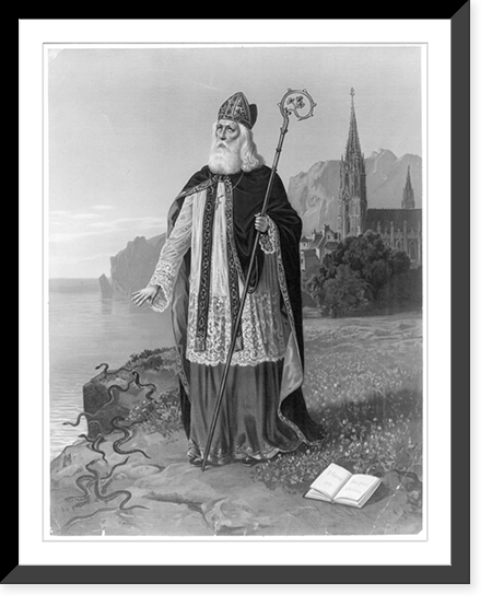 Historic Framed Print, [St. Patrick pray for your children, printed on open book with saint in foreground, church in background],  17-7/8" x 21-7/8"