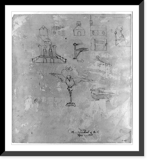 House with an L-shaped piazza. Sketches, gothic church and furnishings, Historic Print