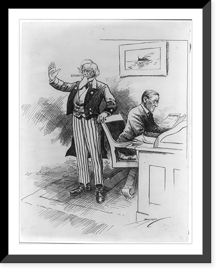 Historic Framed Print, [Wilson reading report on sinking of Lusitania while Uncle Sam says steady"]",  17-7/8" x 21-7/8"