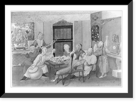 Musicians accompany a group of men eating Classic, Historic Reproduction