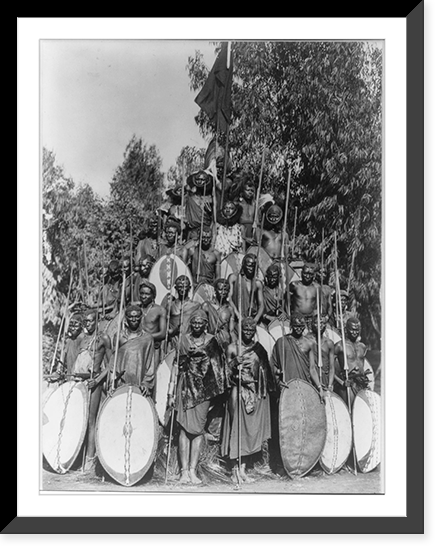 Africa. Group of Kavirondo natives posed in standing pyramid with spears and shields. ca. 191-, Vintage Wall Art