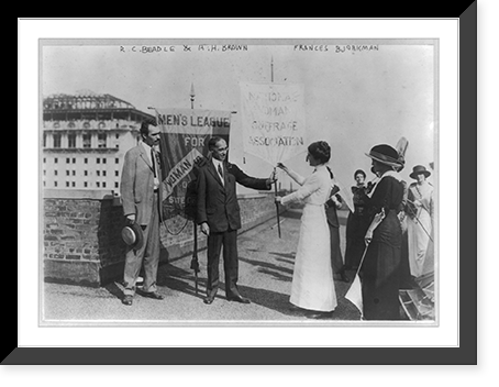 R.C. Beadle and A.H. Brown of Men's League for Woman Suffrage of N.Y. receiving National Woman Suffrage Assoc. banner from Frances Bjorkman in rooftop ceremony. NYC. ca. 1915 Heritage Wall Art Pr