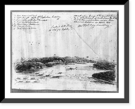 Historic Framed Print, Attack upon George & Federick's towns by a detachment of boats from The R. Hon. Sir T. B. Warrens squadron under Rear Admiral Cockburn in April 1813,  17-7/8" x 21-7/8"