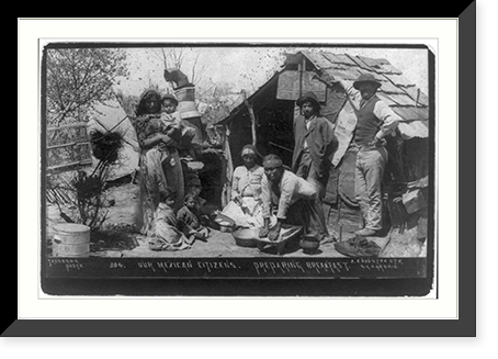 Historic Framed Print, [Picturesque San Antonio" - Texas,  ca. 1890: Mexican family preparing breakfast in front of crude shack; using primitive corn mill]",  17-7/8" x 21-7/8"