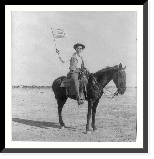 Vintage Photo Print - Cowboy on horseback waving U.S. flag