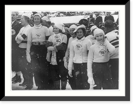 English women's ski team waiting to enter the Winter Olympics stadium at Garmisch-Partenkirchen, Germany, Historic Print