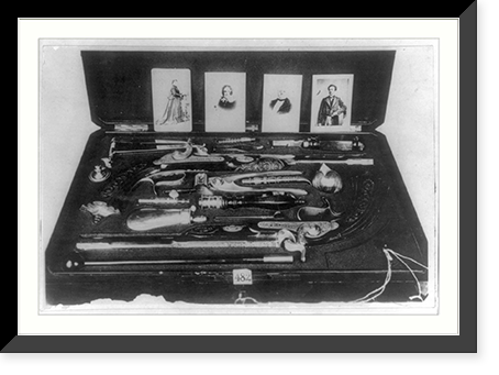 Set of duelling pistols by which Ferdinand Lassalle was killed on Aug. 28, 1864, by Janko von Rakavitsa; portrait of Lasalle and others visible inside pistol case, Vintage Print