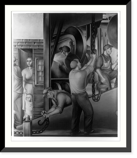 Composite scene - worker leaving house with wife and children in doorway; shipyard workers doing variety of jobs. Camden, N.J.?, Vintage Poster