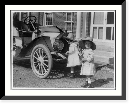Historic Framed Print, [Small twin girls in front of 1911 Buick roadster],  17-7/8" x 21-7/8"