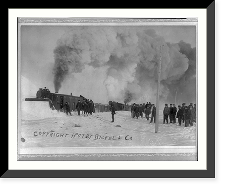 3 Northern Pacific locomotives in train plowing snow from tracks, Historic Reproduction