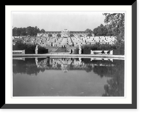 Historic Framed Print, [Sanssouci palace in Potsdam, Germany; view of terraced gardens across pool toward palace],  17-7/8" x 21-7/8"
