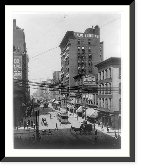 Mo. St. Louis - 4th St. north from Planters' Hotel; busy street scene showing pushcarts, carriages, delivery wagons, and trolleys, Antique Poster