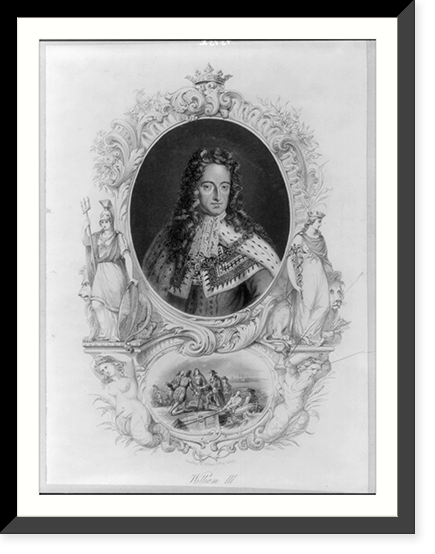 William III, King of Great Britain, 1650-1702, head-and-shoulders portrait, facing right, with historical vignette of his landing at Torbay, 1688, Antique Print