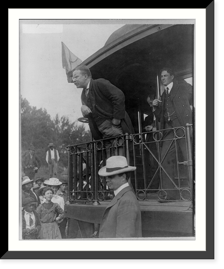 Theodore Roosevelt, full, standing, speaking on train platform, left profile, Historic Reproduction