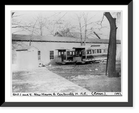 Conn. - New Haven - horse-drawn street railway cars of New Haven & Centerville H.R.R.: cars nos. 1 & 4 beside car barn Classic, Historic Print