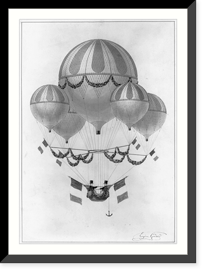 5 balloons carrying 2 men with French flags, one of whom is Eugene Godard, Antique Poster