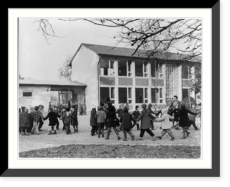 Historic Framed Print, [West German education, ca. 1965: elem. school children playing organized games in yard of new school (Bonn - Venusberg)],  17-7/8" x 21-7/8"