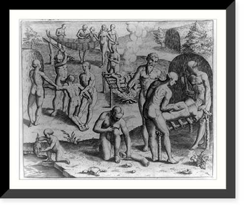 Historic Framed Print, Carius, an Indian from a different tribe, is slaughtered and eaten by the Tuppin Inwa, who are keeping Johannes Staden in Prison, 1554,  17-7/8" x 21-7/8"