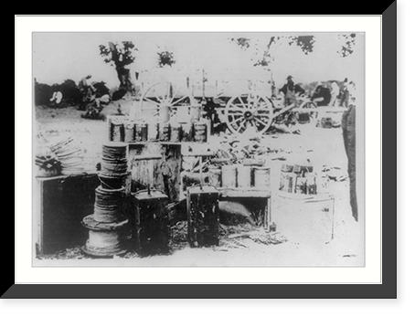 Mexican Insurrectos before the Battle of Juarez: Ammunition dump: tin can bombs, dynamite sticks, reels of wire, and detonator boxes Classic, Vintage Wall Art