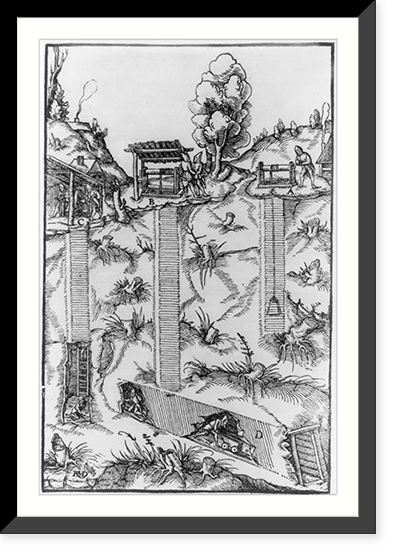 Mining methods in 16th Century England: a mine with timbered shafts, shown in section; winding mechanism from hauling ore up the shafts and men pushing wheelbarrows thru underground galleries Ant