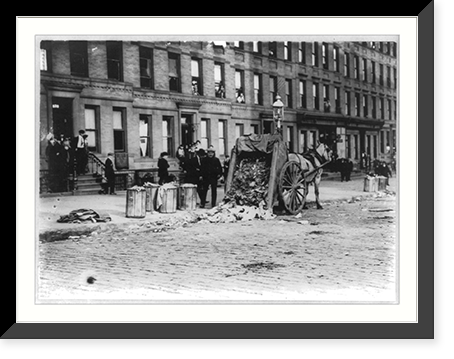 N.Y.C. Garbage collector's strike, 1911: horse-drawn garbage cart dumped on street; 72nd St. & 1st Ave, Vintage Print