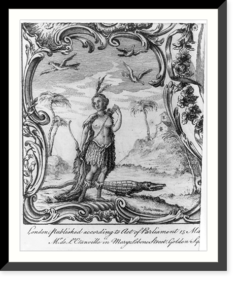 America, 1771 - title page ornamentation showing Native wearing skirt made of feathers in tropical scene with alligator and palm trees, Vintage Print