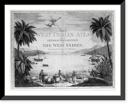 A scene in the West Indies showing Natives on the beach with a British sailor and three large casks, and two ships in the harbor, Antique Print