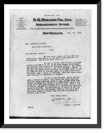 Letter from manager of a department store in New Orleans. Location: New Orleans, Louisiana, Vintage Poster