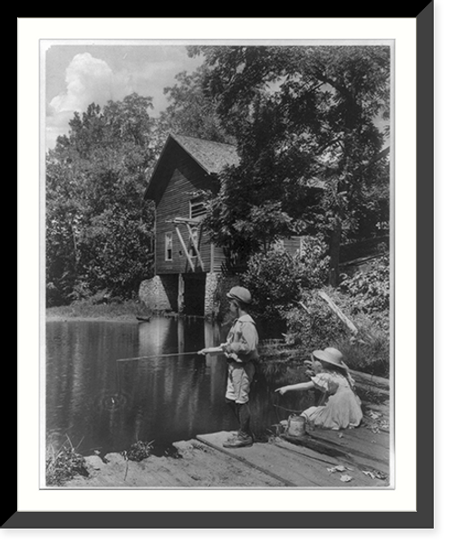 Historic Framed Print, [Rural scenes of children fishing: boy and girl at pond behind barn],  17-7/8" x 21-7/8"