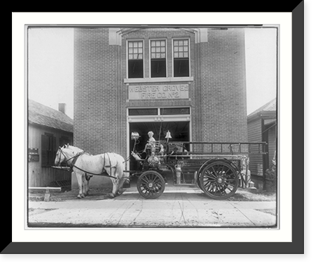 Horse-drawn fire truck in front of Webster Groves Fire Co. No. 2; small boy in drivers seat, St. Louis, Missouri, Vintage Wall Art