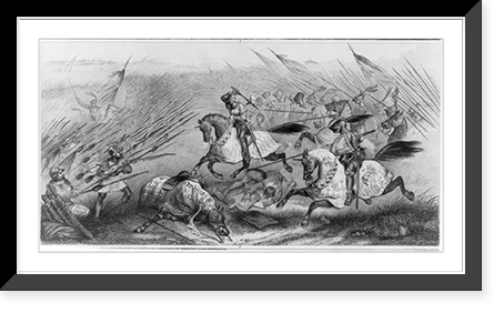 Medieval warfare - cavalry attacking massed infantry bearing long spears, Vintage Poster