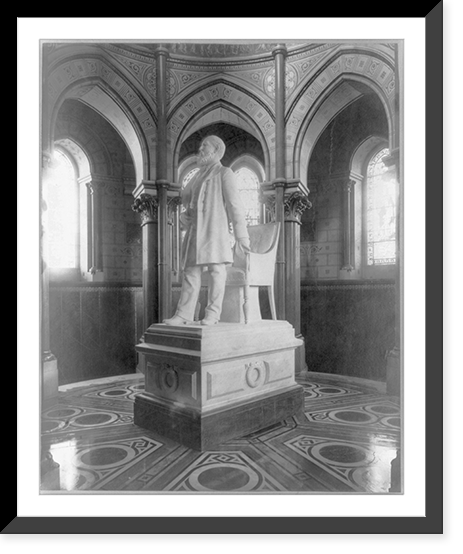 James Abram Garfield, full view of memorial statue, left profile, Cleveland, Antique Print
